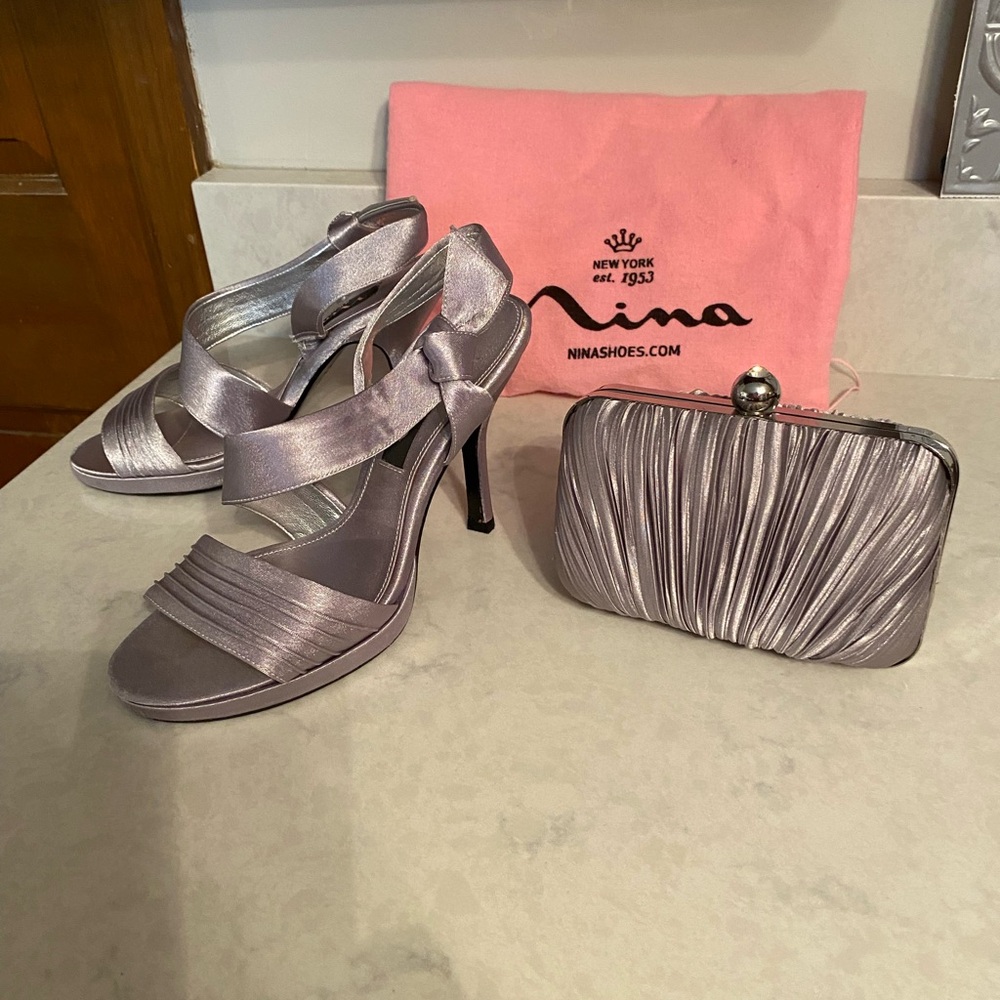 Nina Silver Strappy Heels with Matching Clutch